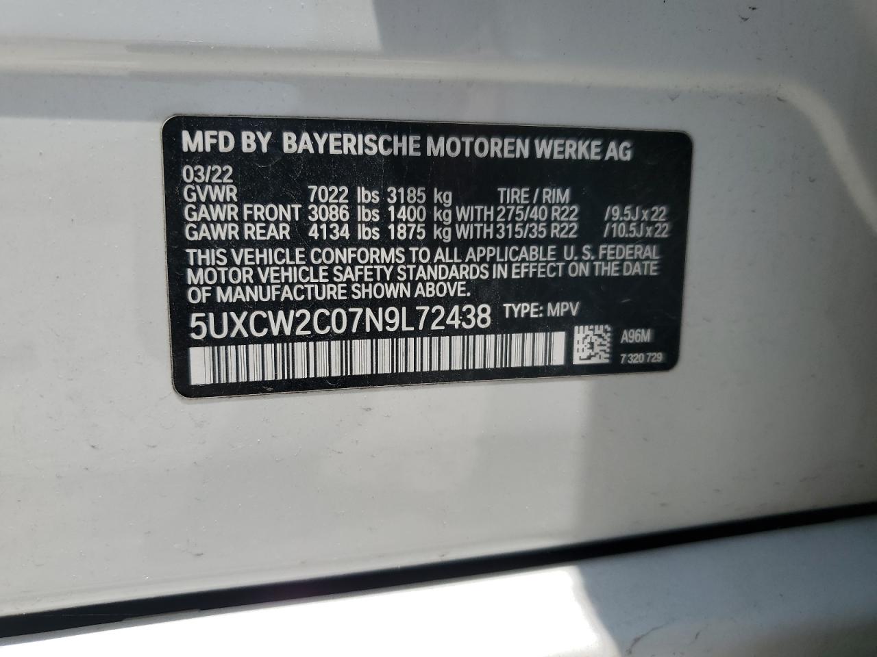 5UXCW2C07N9L72438 2022 BMW X7 xDrive40I