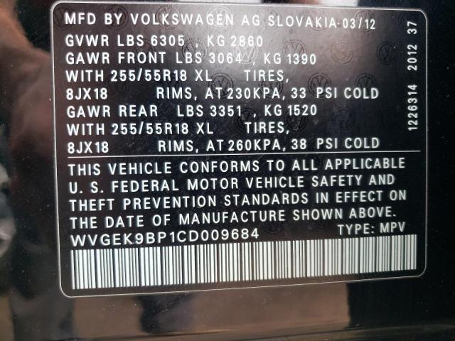 2012 Volkswagen Touareg V6 Tdi VIN: WVGEK9BP1CD009684 Lot: 55335204