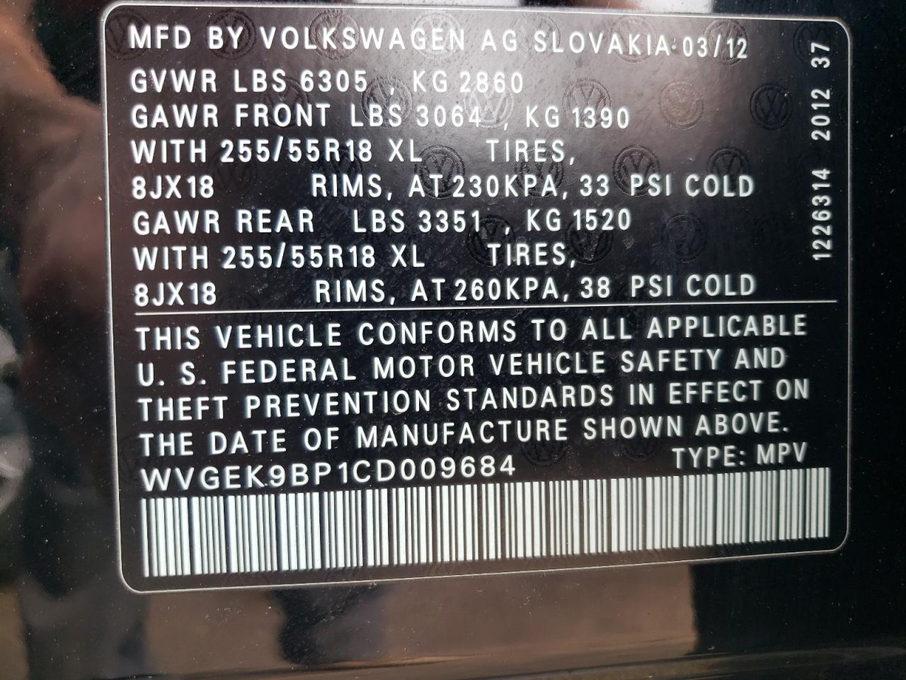 WVGEK9BP1CD009684 2012 Volkswagen Touareg V6 Tdi