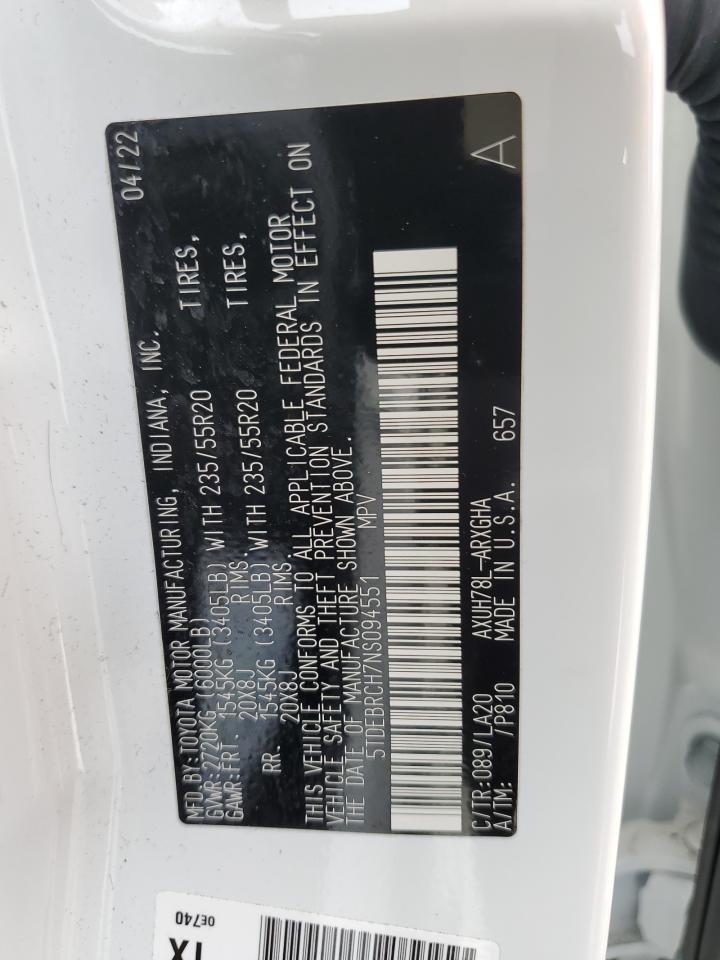 5TDEBRCH7NS094551 2022 Toyota Highlander Hybrid Platinum