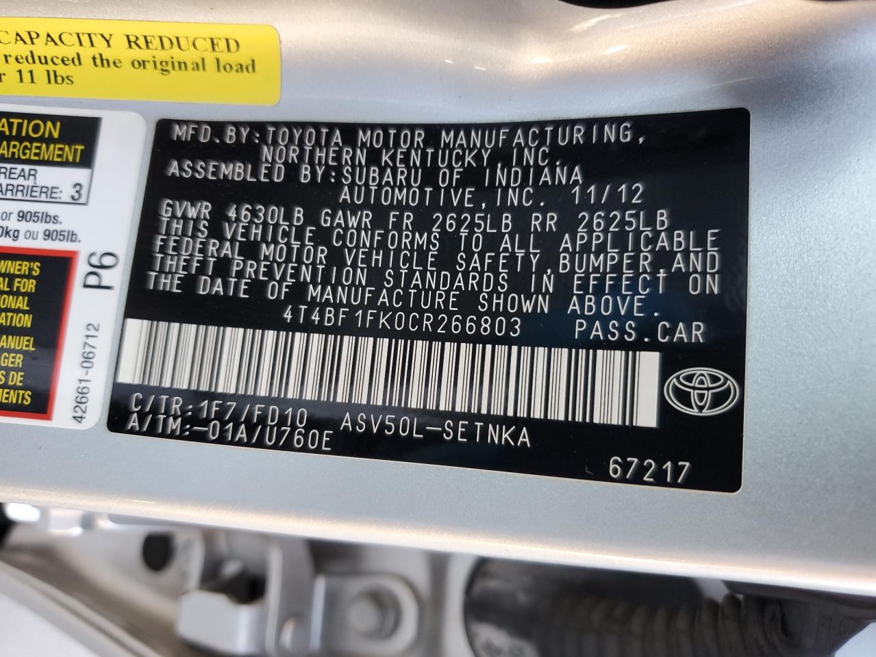 2012 Toyota Camry Base vin: 4T4BF1FK0CR266803