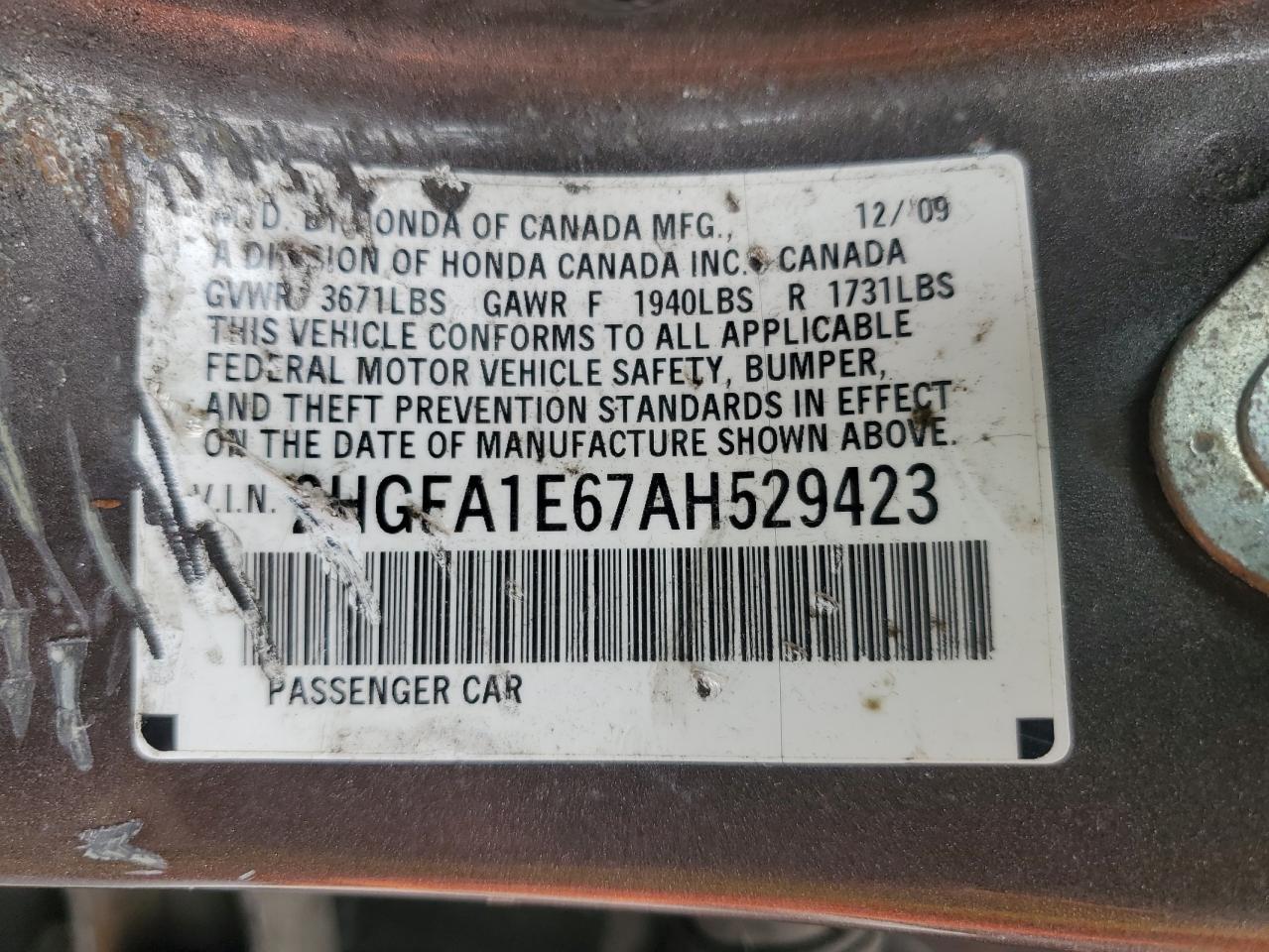 2HGFA1E67AH529423 2010 Honda Civic Lx-S