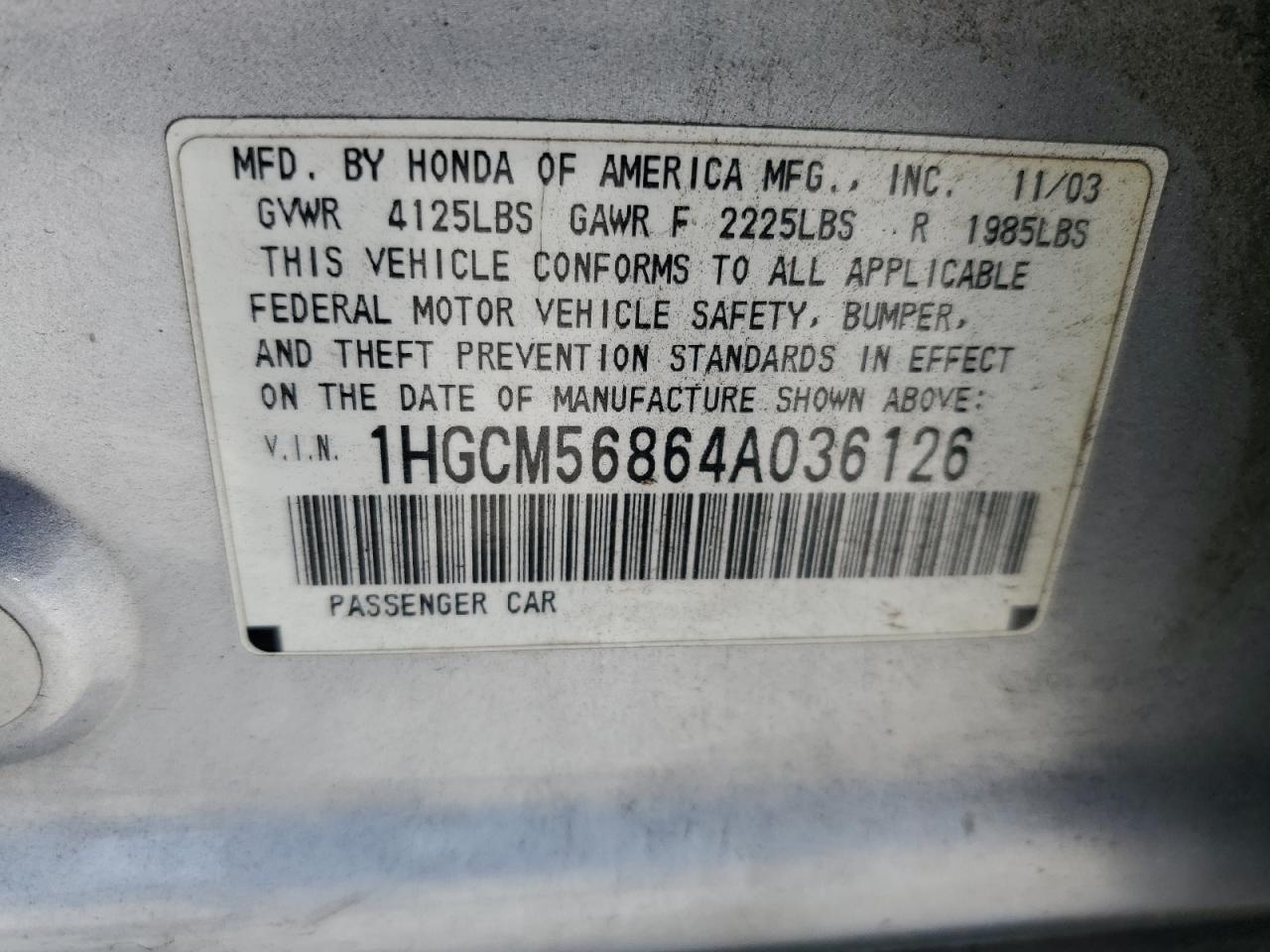 1HGCM56864A036126 2004 Honda Accord Ex