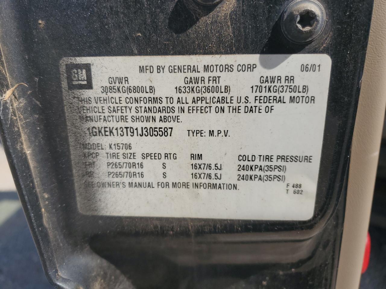 1GKEK13T91J305587 2001 GMC Yukon