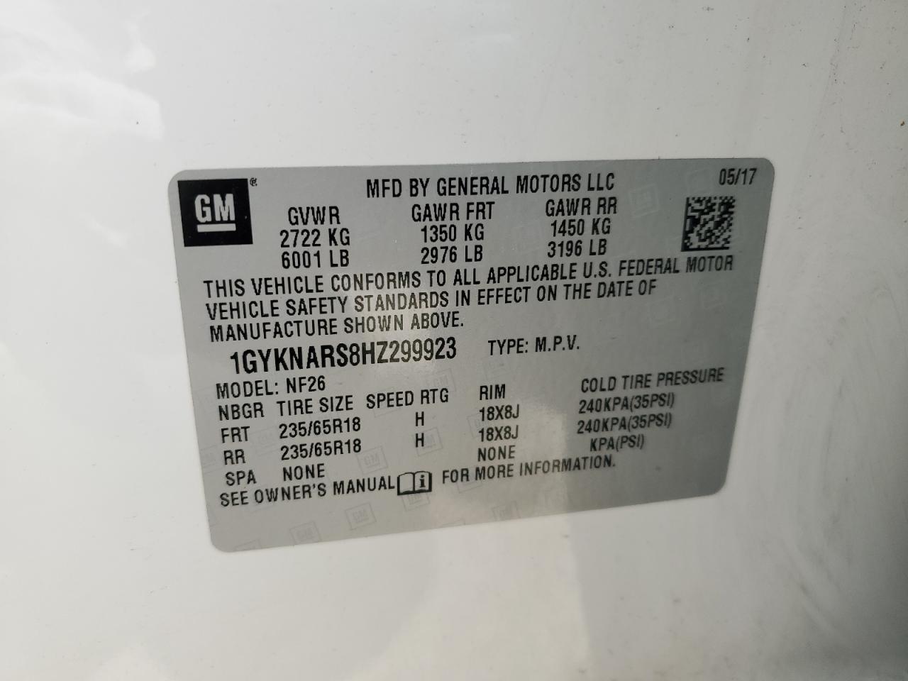 1GYKNARS8HZ299923 2017 Cadillac Xt5