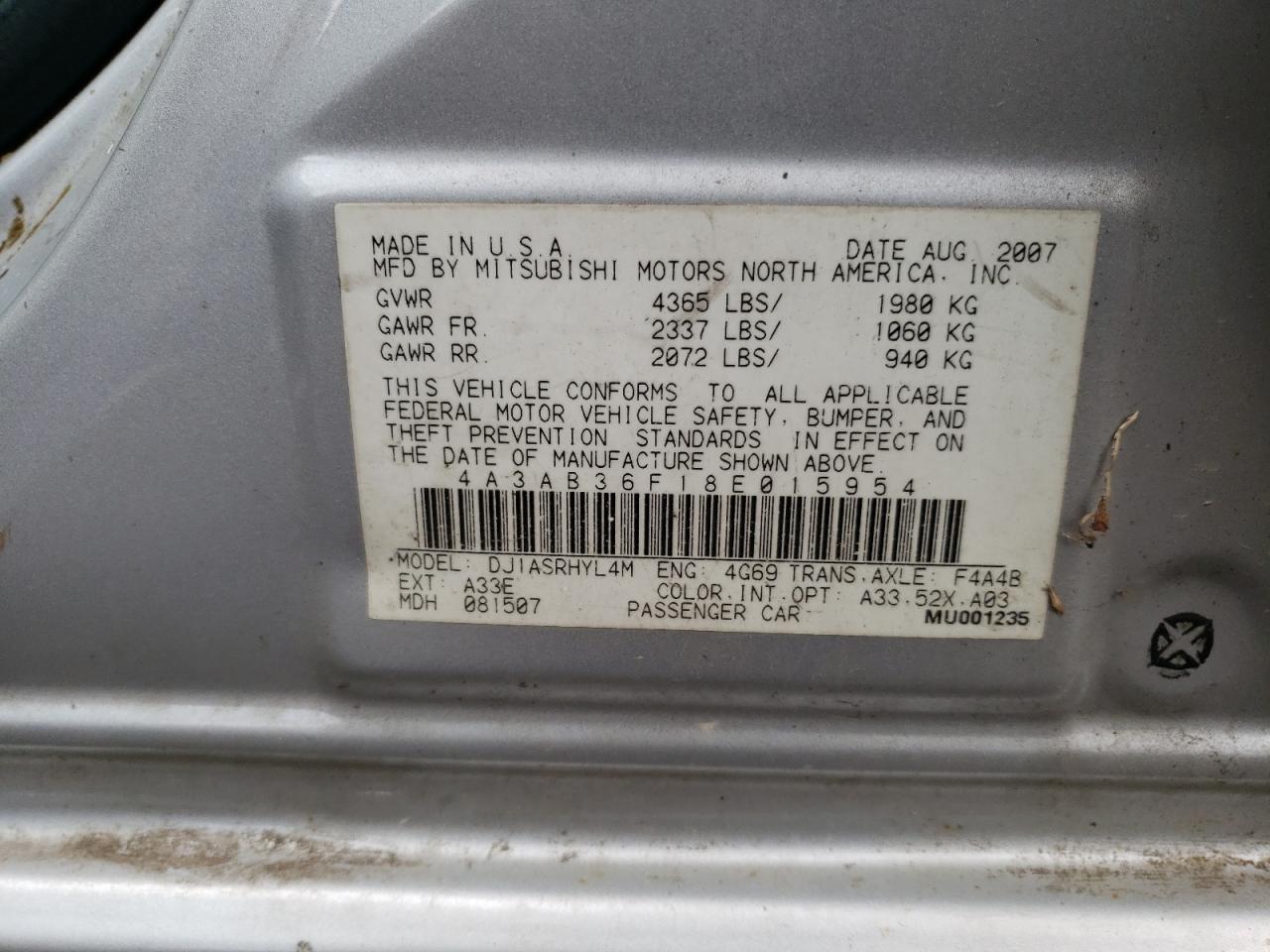 4A3AB36F18E015954 2008 Mitsubishi Galant Es