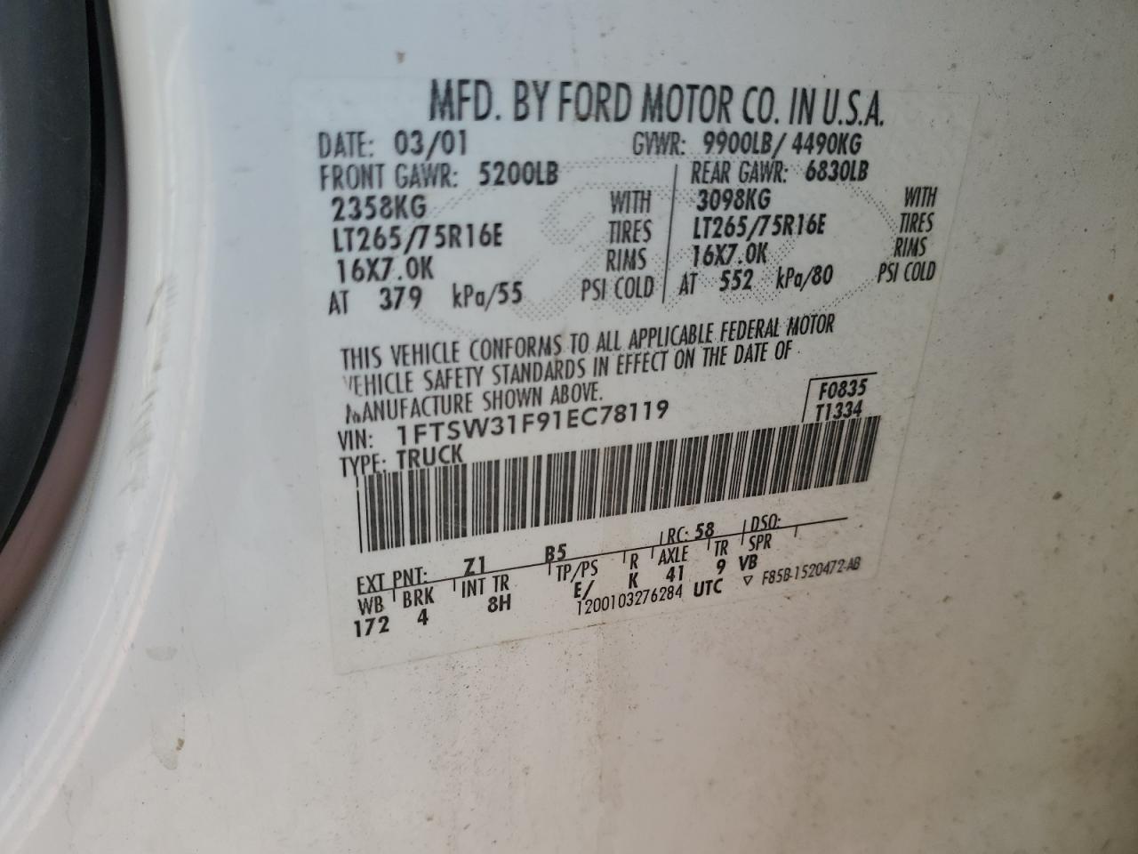 1FTSW31F91EC78119 2001 Ford F350 Srw Super Duty