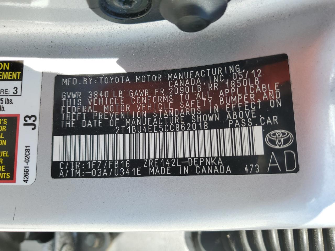 2T1BU4EE5CC862018 2012 Toyota Corolla Base