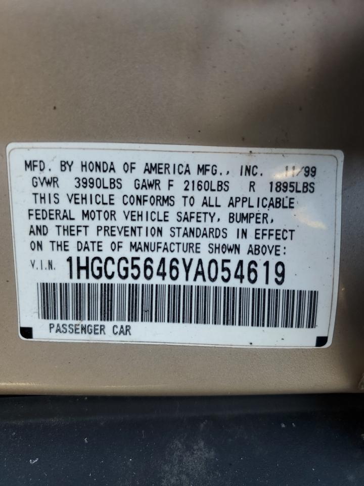 1HGCG5646YA054619 2000 Honda Accord Lx