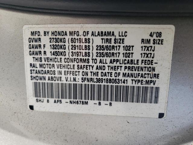 2008 Honda Odyssey Touring VIN: 5FNRL38918B063141 Lot: 54078574