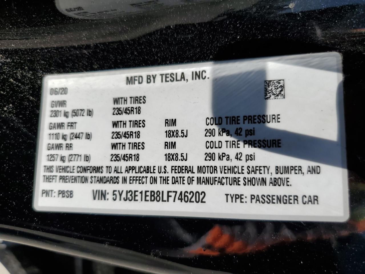 5YJ3E1EB8LF746202 2020 Tesla Model 3