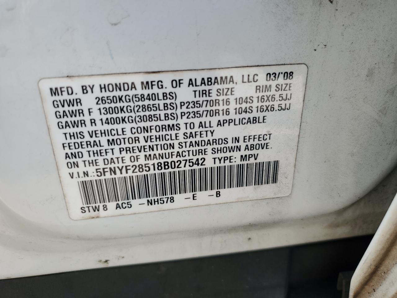 5FNYF28518B027542 2008 Honda Pilot Exl