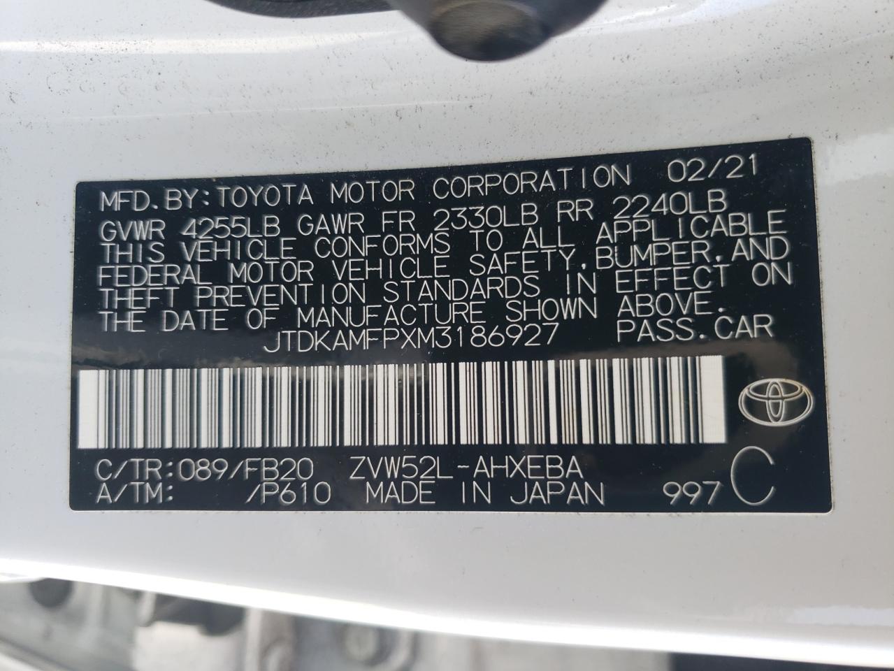 JTDKAMFPXM3186927 2021 Toyota Prius Prime Le