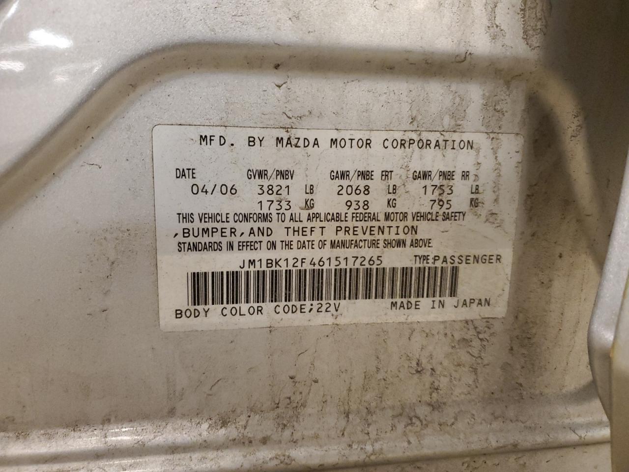 JM1BK12F461517265 2006 Mazda 3 I