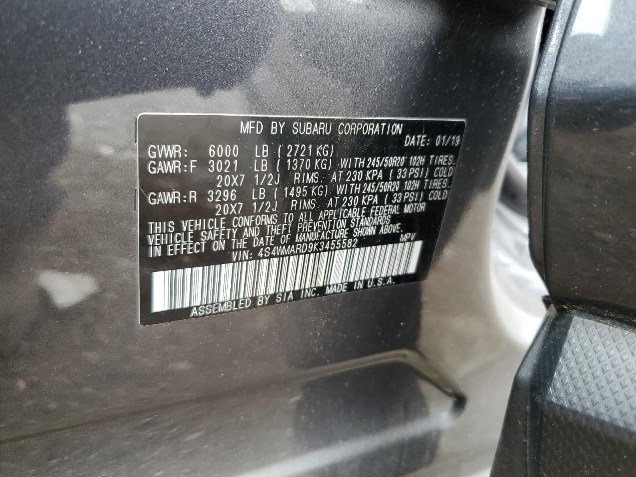 4S4WMARD9K3455582 2019 Subaru Ascent Touring