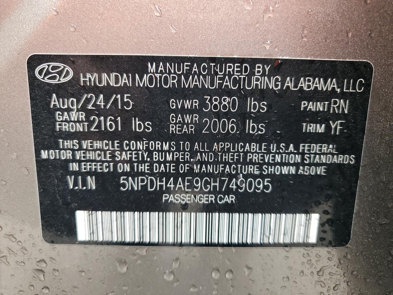 5NPDH4AE9GH749095 2016 Hyundai Elantra Se