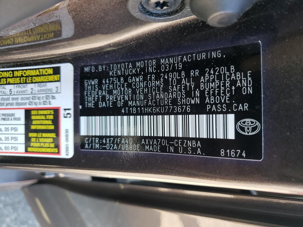 4T1B11HK6KU773676 2019 Toyota Camry L