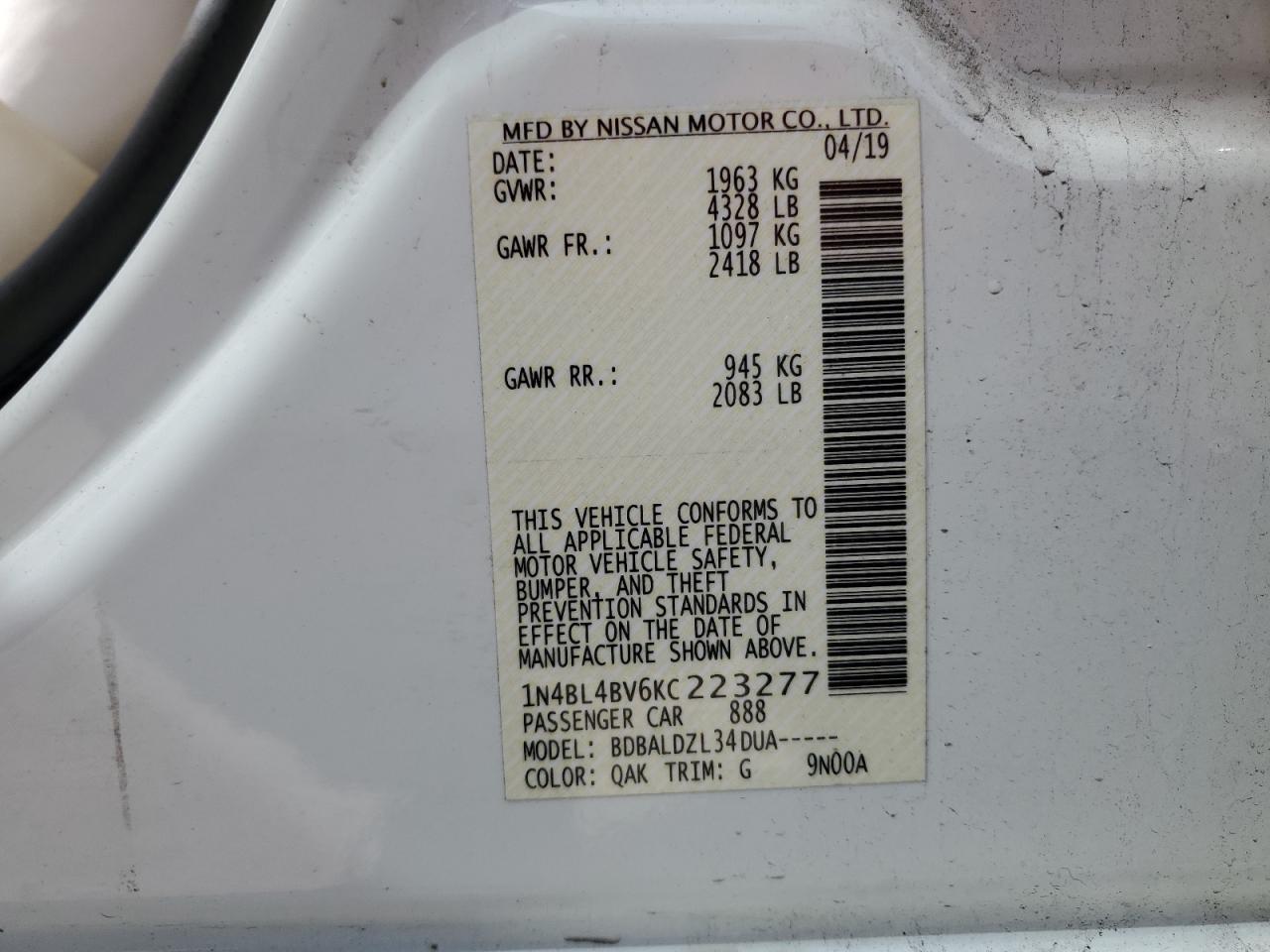 1N4BL4BV6KC223277 2019 Nissan Altima S