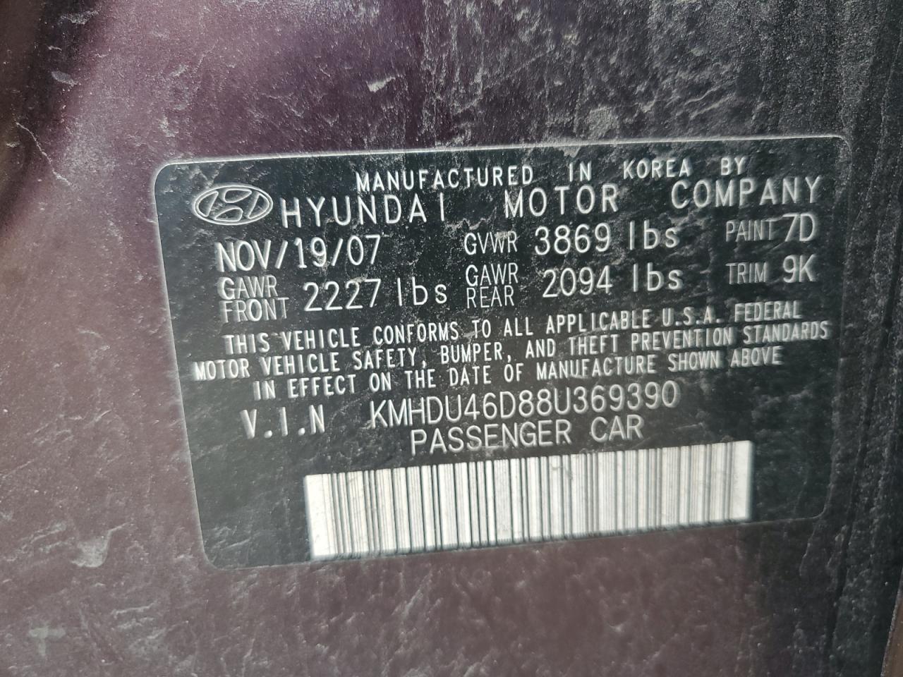 KMHDU46D88U369390 2008 Hyundai Elantra Gls