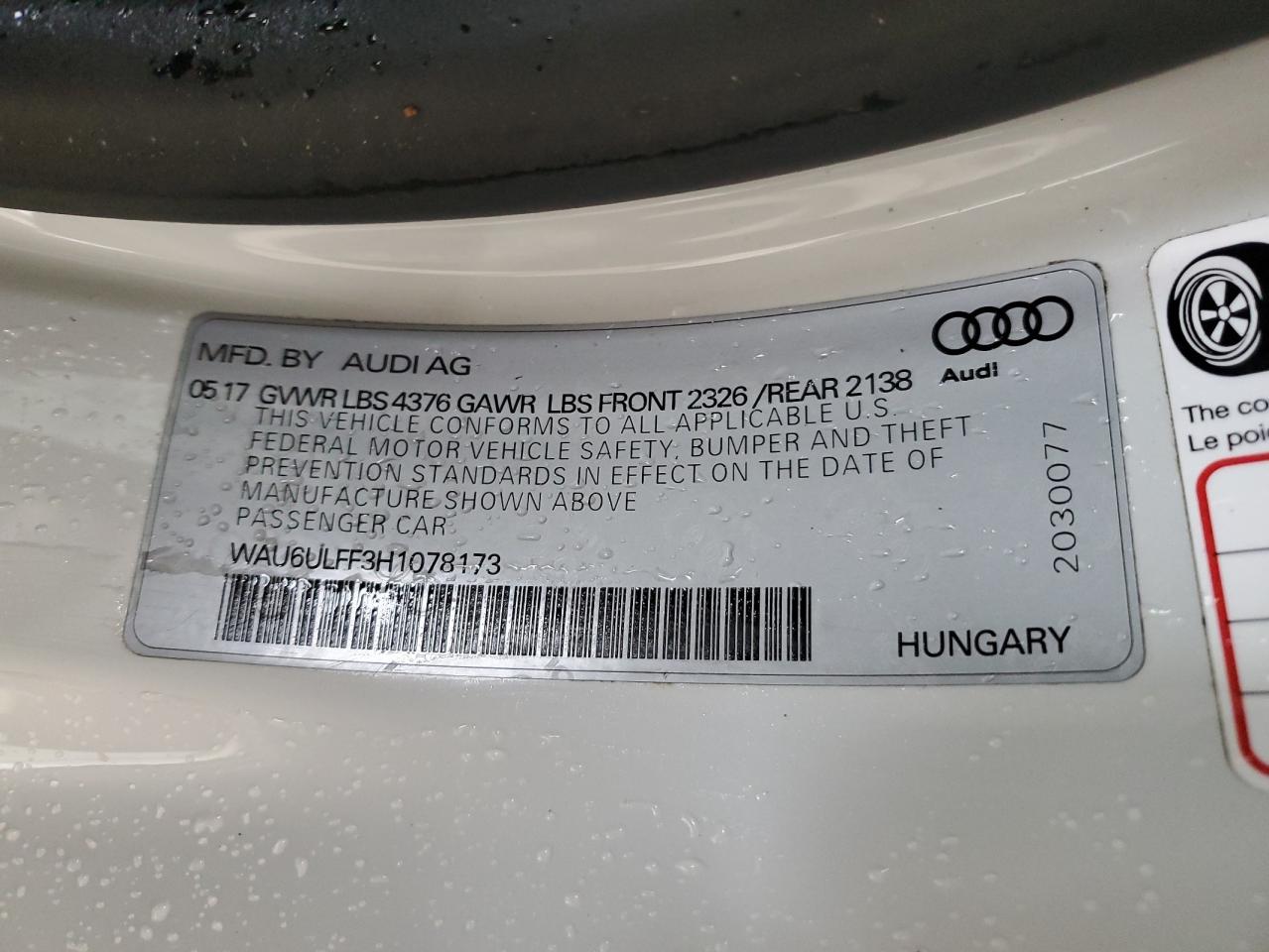 WAU6ULFF3H1078173 2017 Audi A3 Premium