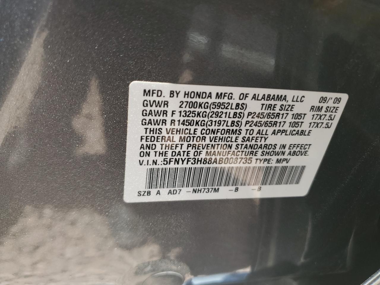 5FNYF3H88AB008735 2010 Honda Pilot Touring