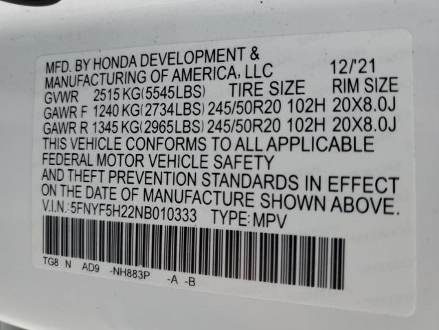 2022 Honda Pilot Se VIN: 5FNYF5H22NB010333 Lot: 56131384
