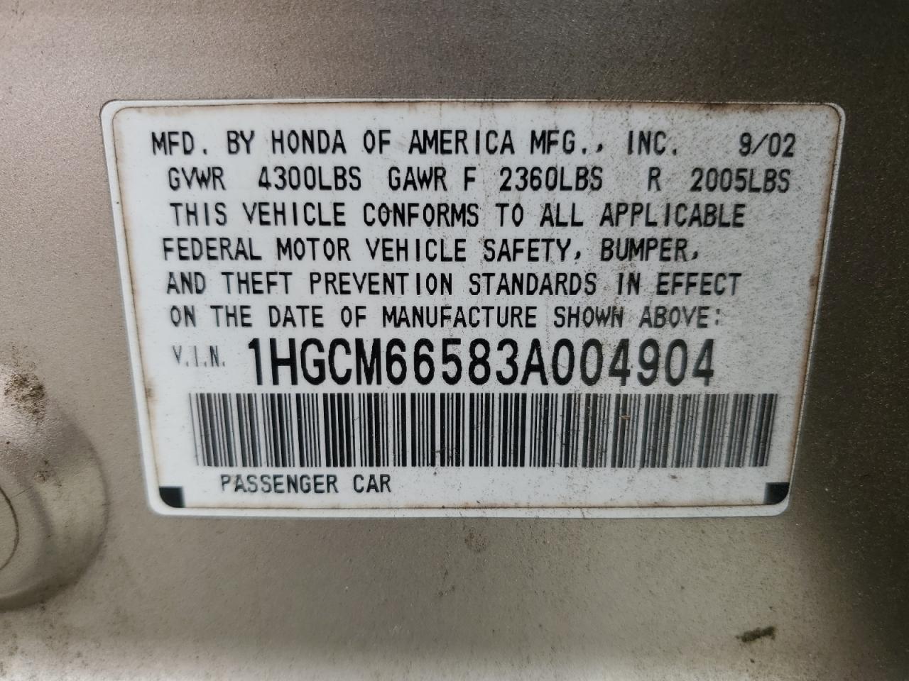 1HGCM66583A004904 2003 Honda Accord Ex