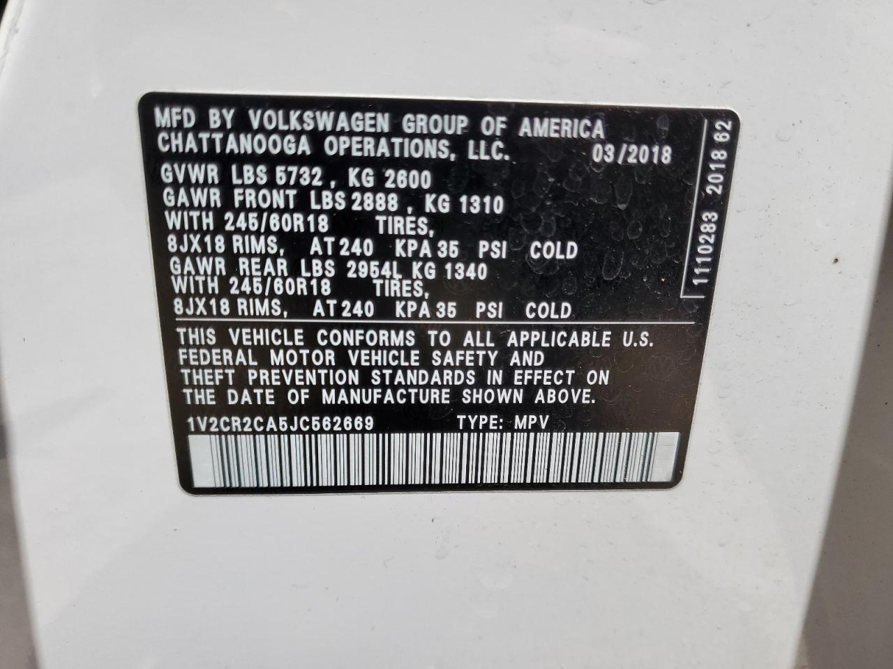 1V2CR2CA5JC562669 2018 Volkswagen Atlas Se