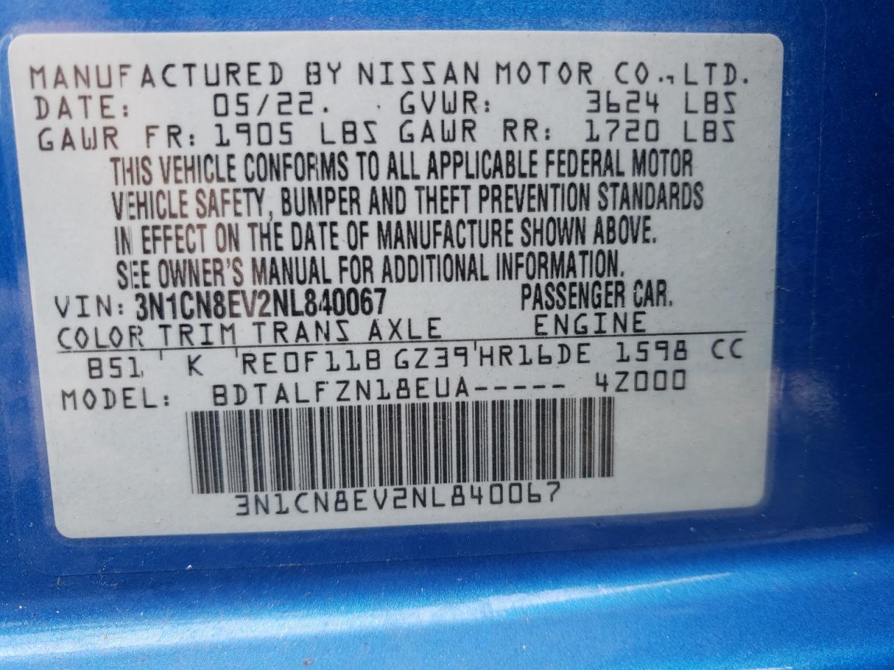 3N1CN8EV2NL840067 2022 Nissan Versa Sv