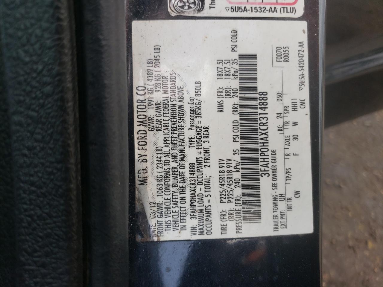 3FAHP0HAXCR314888 2012 Ford Fusion Se