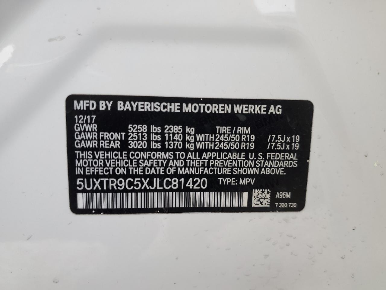 5UXTR9C5XJLC81420 2018 BMW X3 xDrive30I