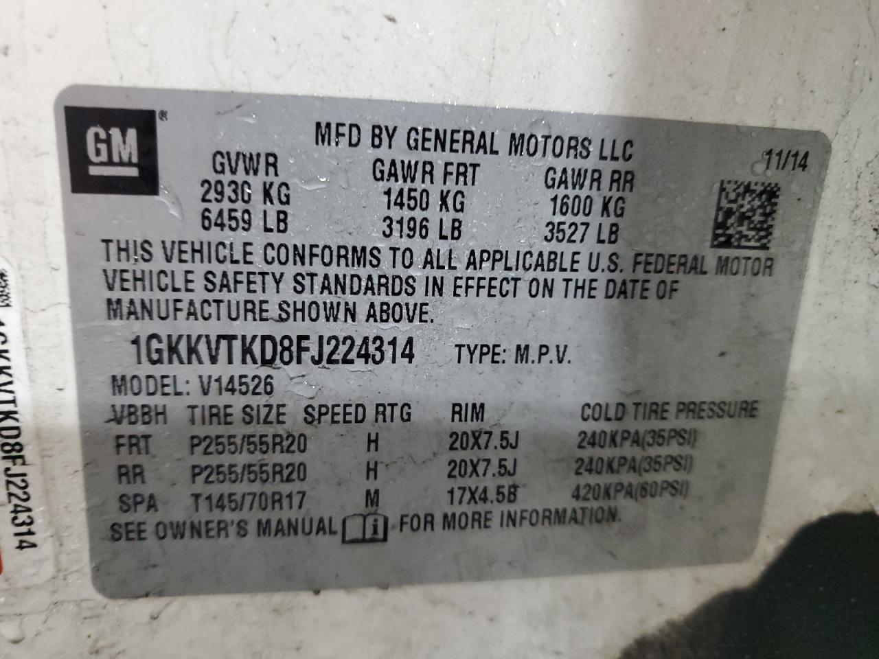 1GKKVTKD8FJ224314 2015 GMC Acadia Denali