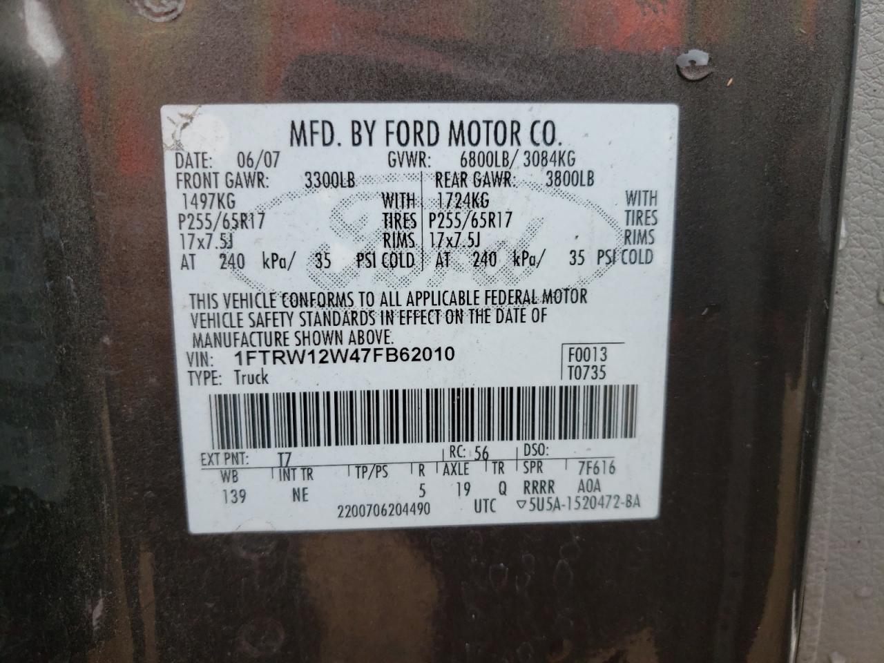 1FTRW12W47FB62010 2007 Ford F150 Supercrew