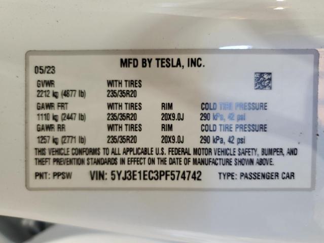 2023 Tesla Model 3 VIN: 5YJ3E1EC3PF574742 Lot: 54915764