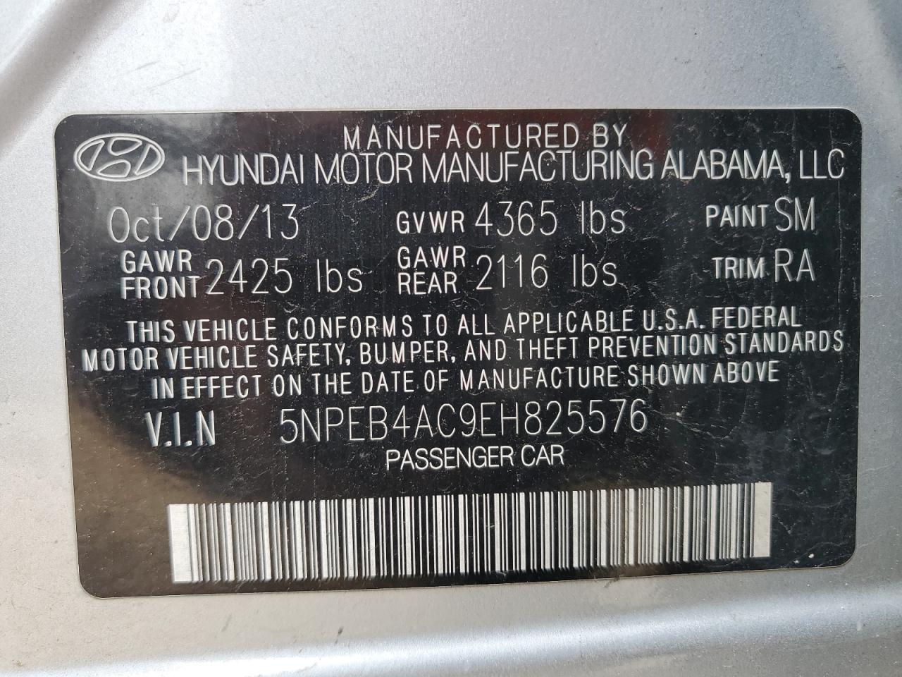 5NPEB4AC9EH825576 2014 Hyundai Sonata Gls