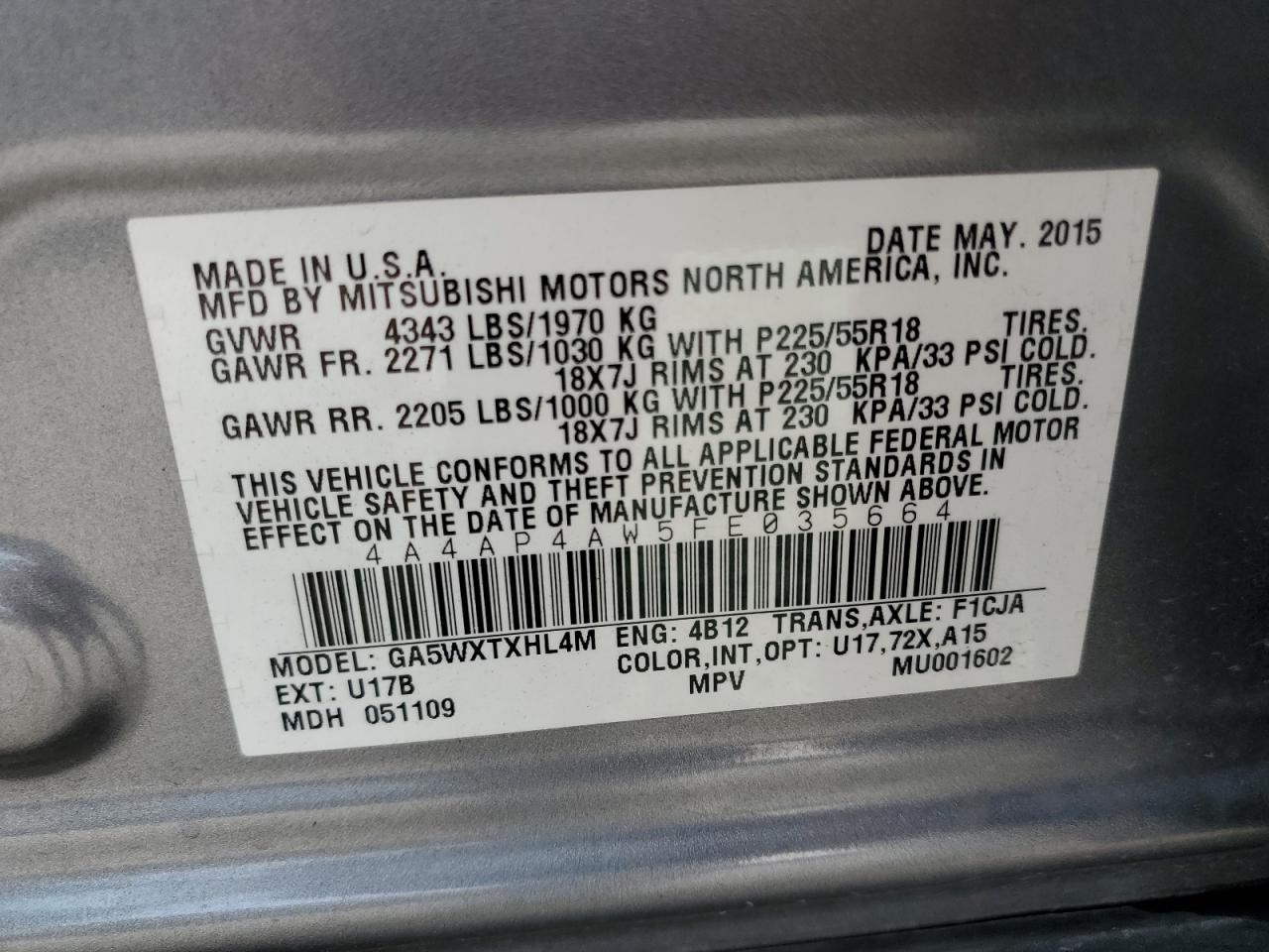 4A4AP4AW5FE035664 2015 Mitsubishi Outlander Sport Se