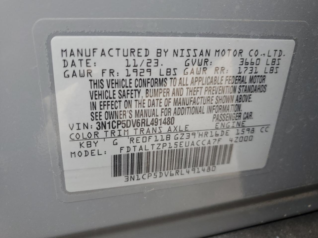 3N1CP5DV6RL491480 2024 Nissan Kicks Sr