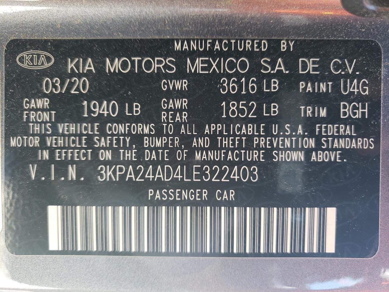 3KPA24AD4LE322403 2020 Kia Rio Lx