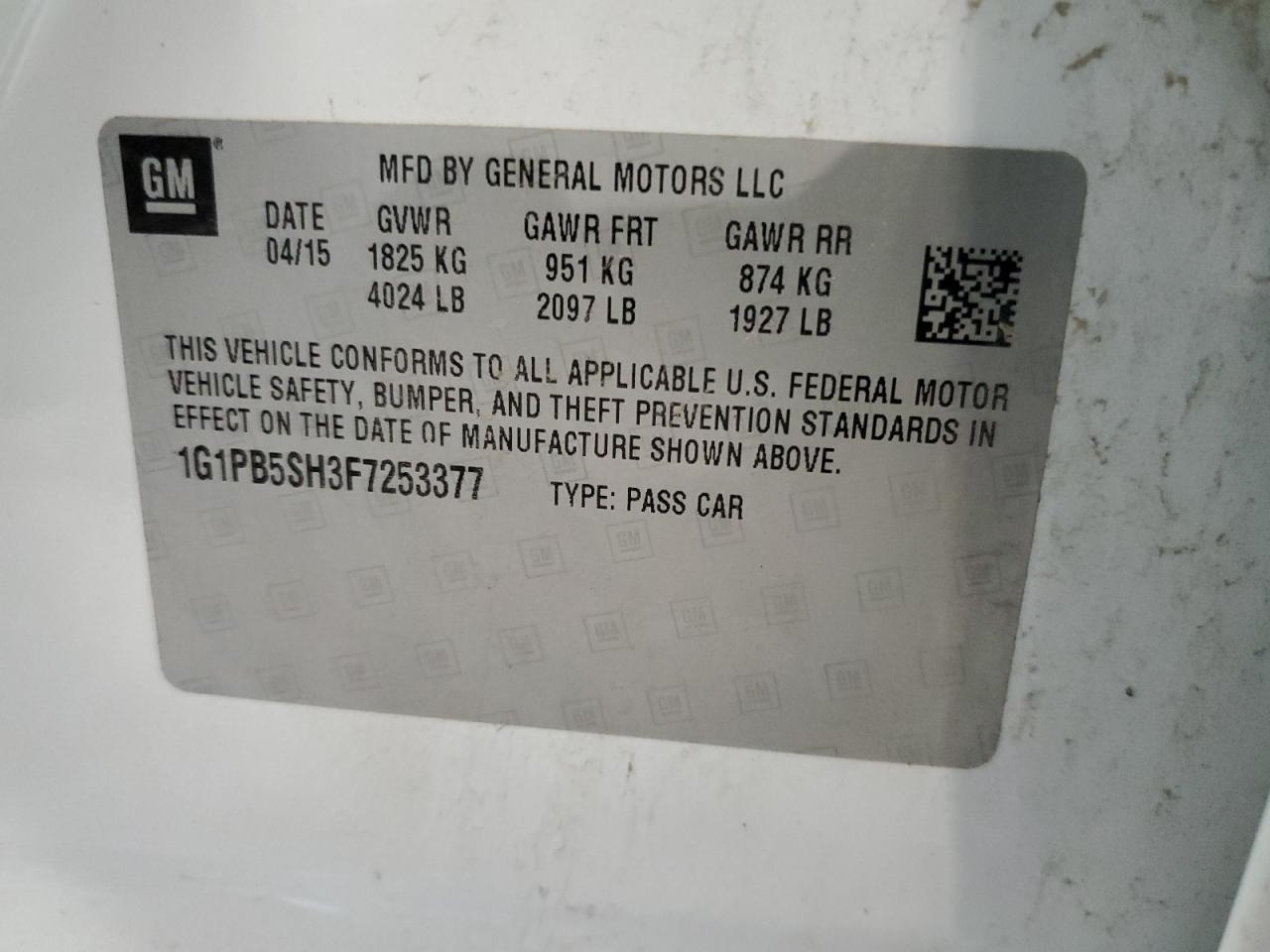 1G1PB5SH3F7253377 2015 Chevrolet Cruze Ls