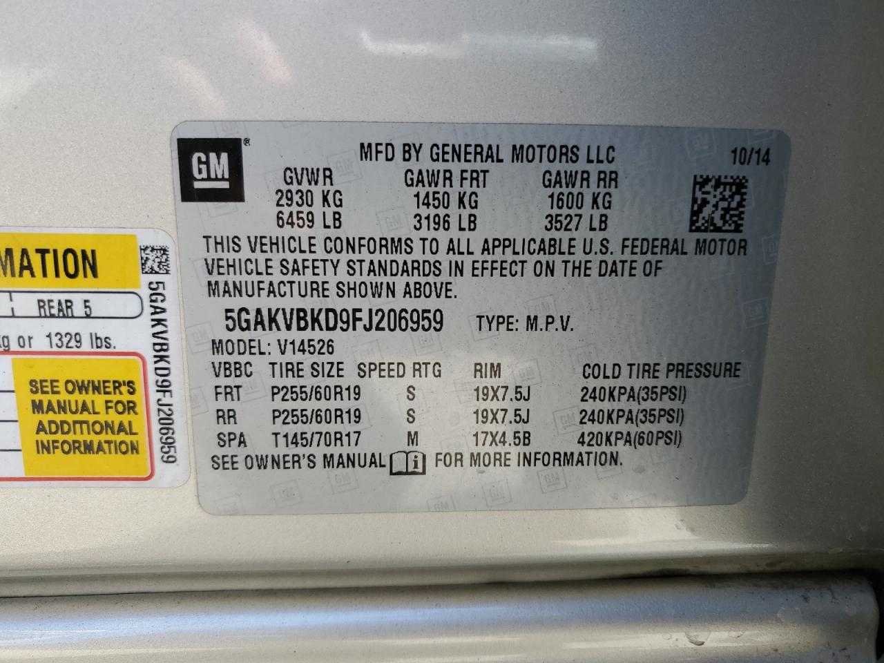 5GAKVBKD9FJ206959 2015 Buick Enclave