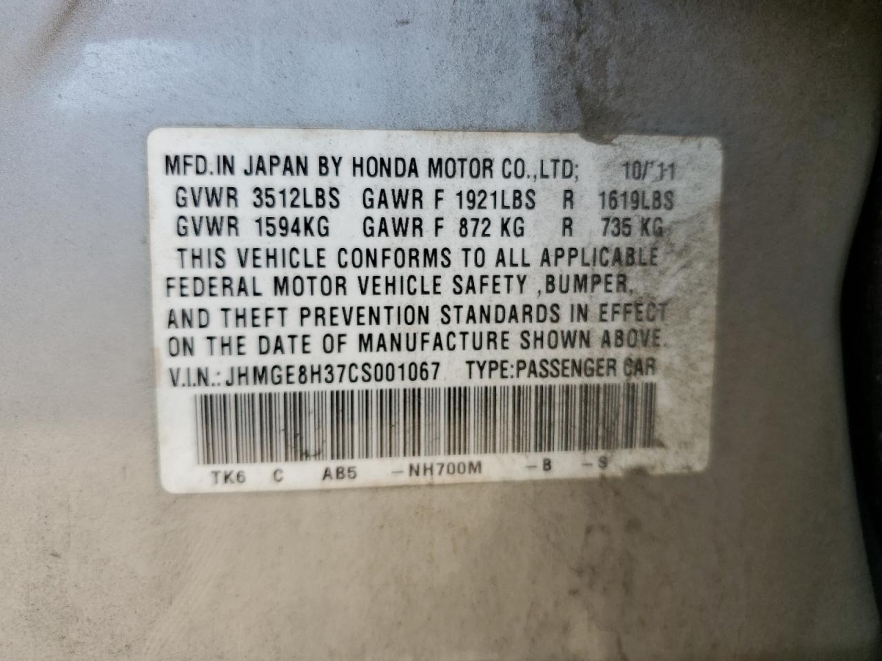 JHMGE8H37CS001067 2012 Honda Fit