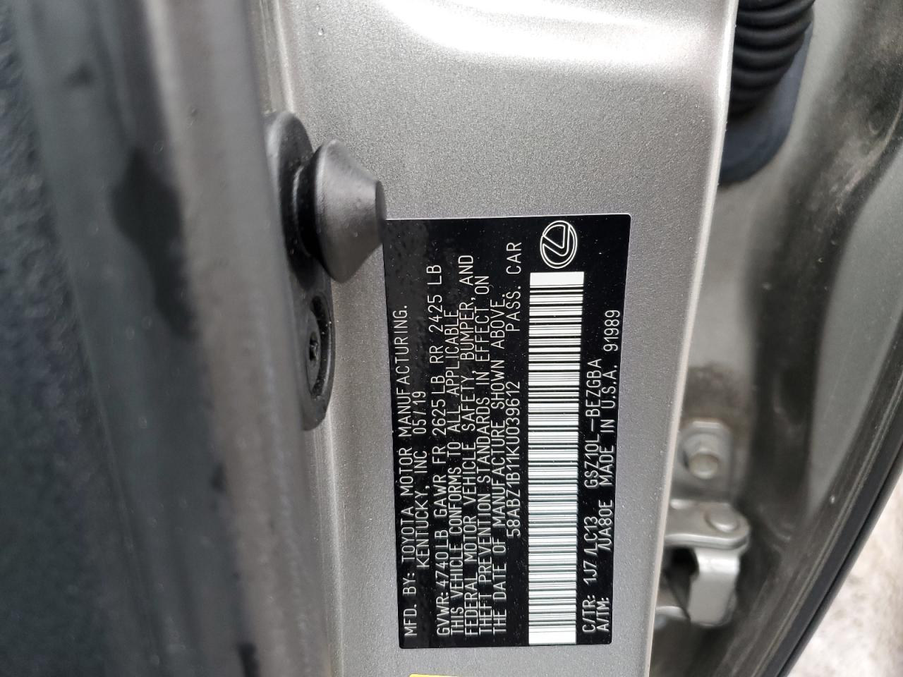 58ABZ1B11KU039612 2019 Lexus Es 350