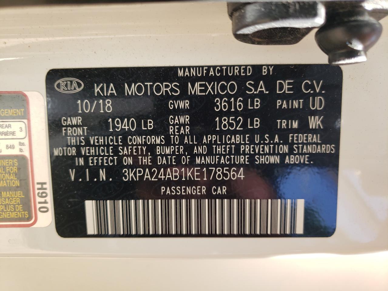 3KPA24AB1KE178564 2019 Kia Rio S