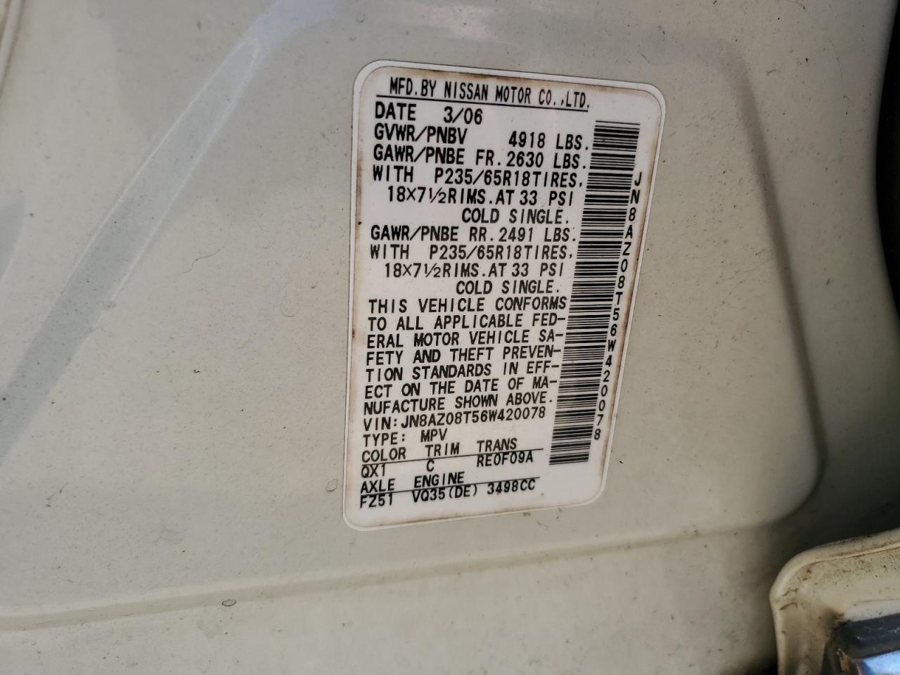 JN8AZ08T56W420078 2006 Nissan Murano Sl