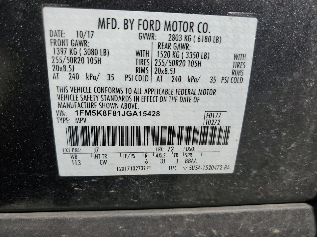 1FM5K8F81JGA15428 2018 Ford Explorer Limited