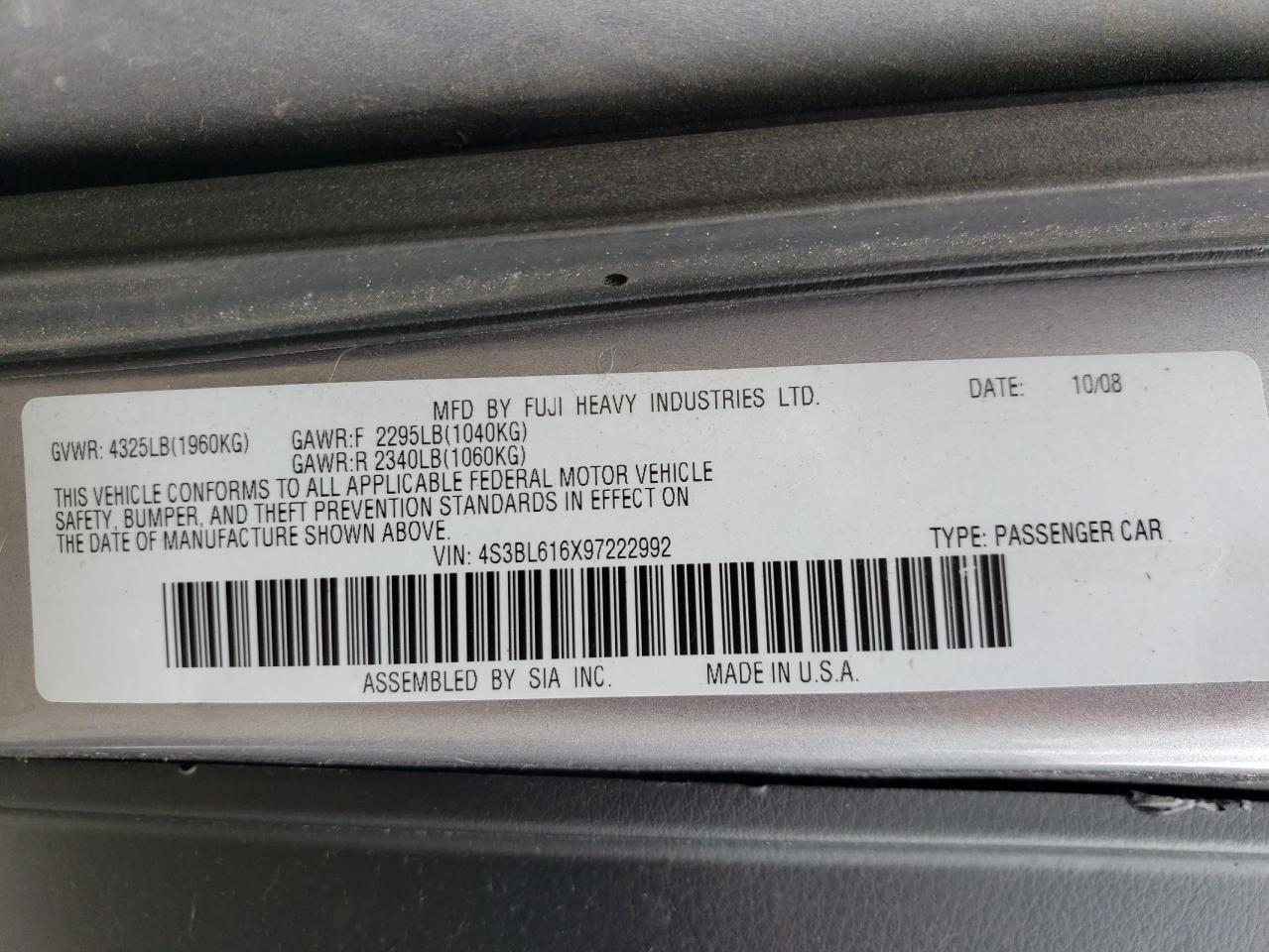 4S3BL616X97222992 2009 Subaru Legacy 2.5I