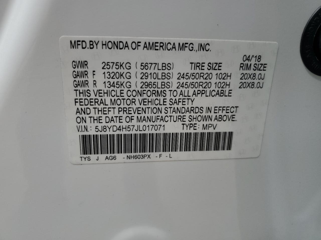 5J8YD4H57JL017071 2018 Acura Mdx Technology