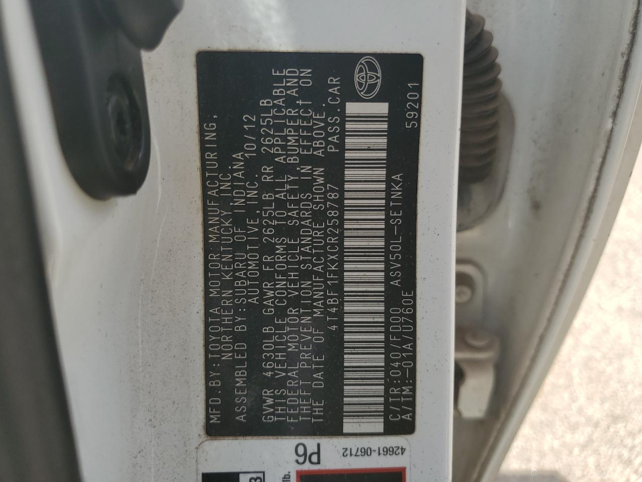 4T4BF1FKXCR258787 2012 Toyota Camry Base