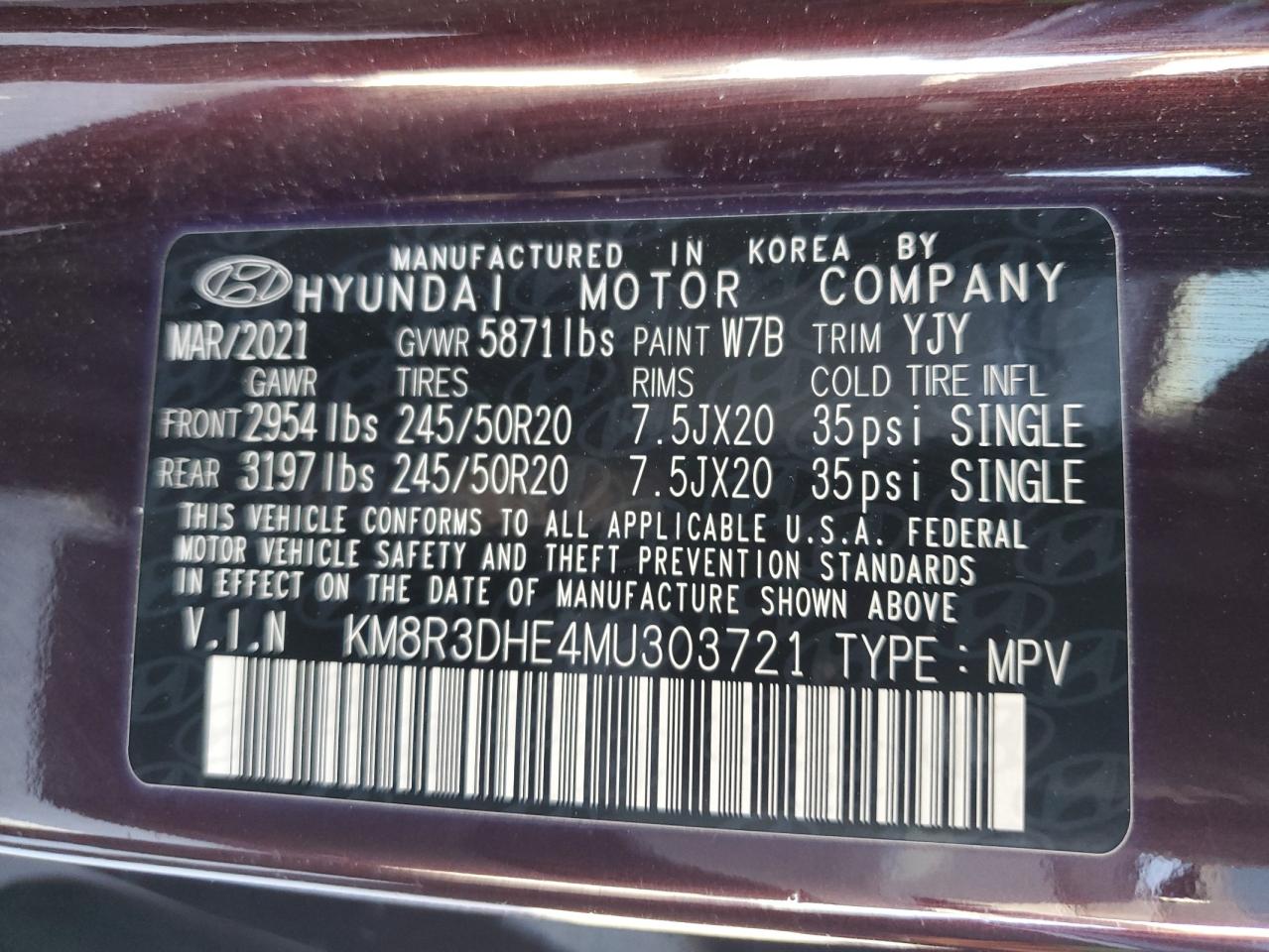 KM8R3DHE4MU303721 2021 Hyundai Palisade Sel