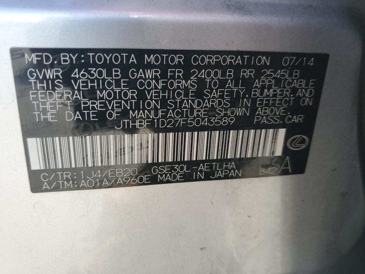 JTHBF1D27F5043589 2015 Lexus Is 250